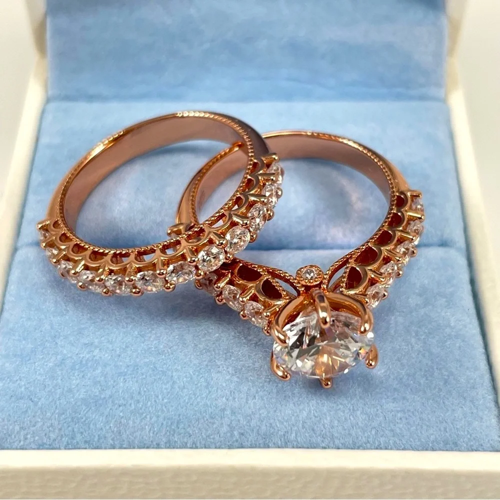 White 5A Cubic Zirconia Diamond Like Solid Silver Rose Gold‎ Tone Ring Set Sz 7